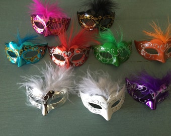 12 Mini Mardi Gras Feathered GLITTER MASK party decorations wedding quince favor