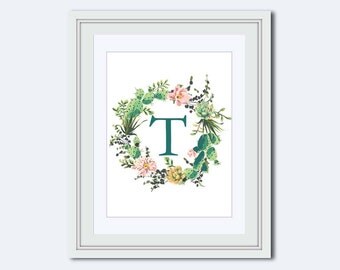 Monogram T - cactus printable - cactus wreath print - Monogram printable - Wedding printable - printable women gift - Monogram Wall Art