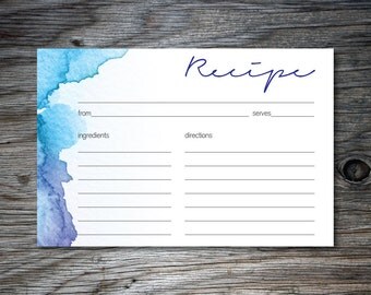 Watercolor Recipe Card, Printable Recipe Card, Instant Download, Blue, White, Purple, 4x6, Print at Home, DIY, Bridal Shower, Kitchen Shower