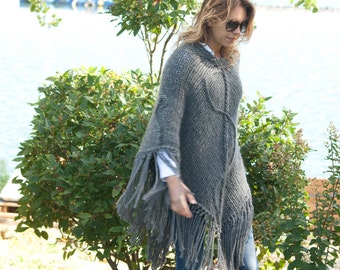 Poncho Grey Anthracite wool, hand-knitted