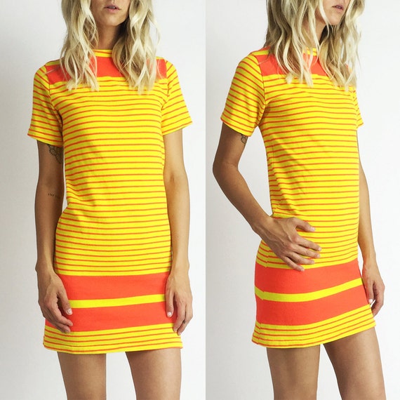 1970 s Vintage Yellow  Orange Stripe  Shirt  Dress 