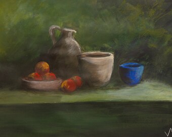 Nature Morte au Pot Bleu - acrylic painting on paper, framed