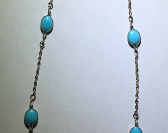 Sterling Silver Twisted Serpentine 16 inch Chain and 6x8 Cabochon Turquoise Double Face Gem Stones