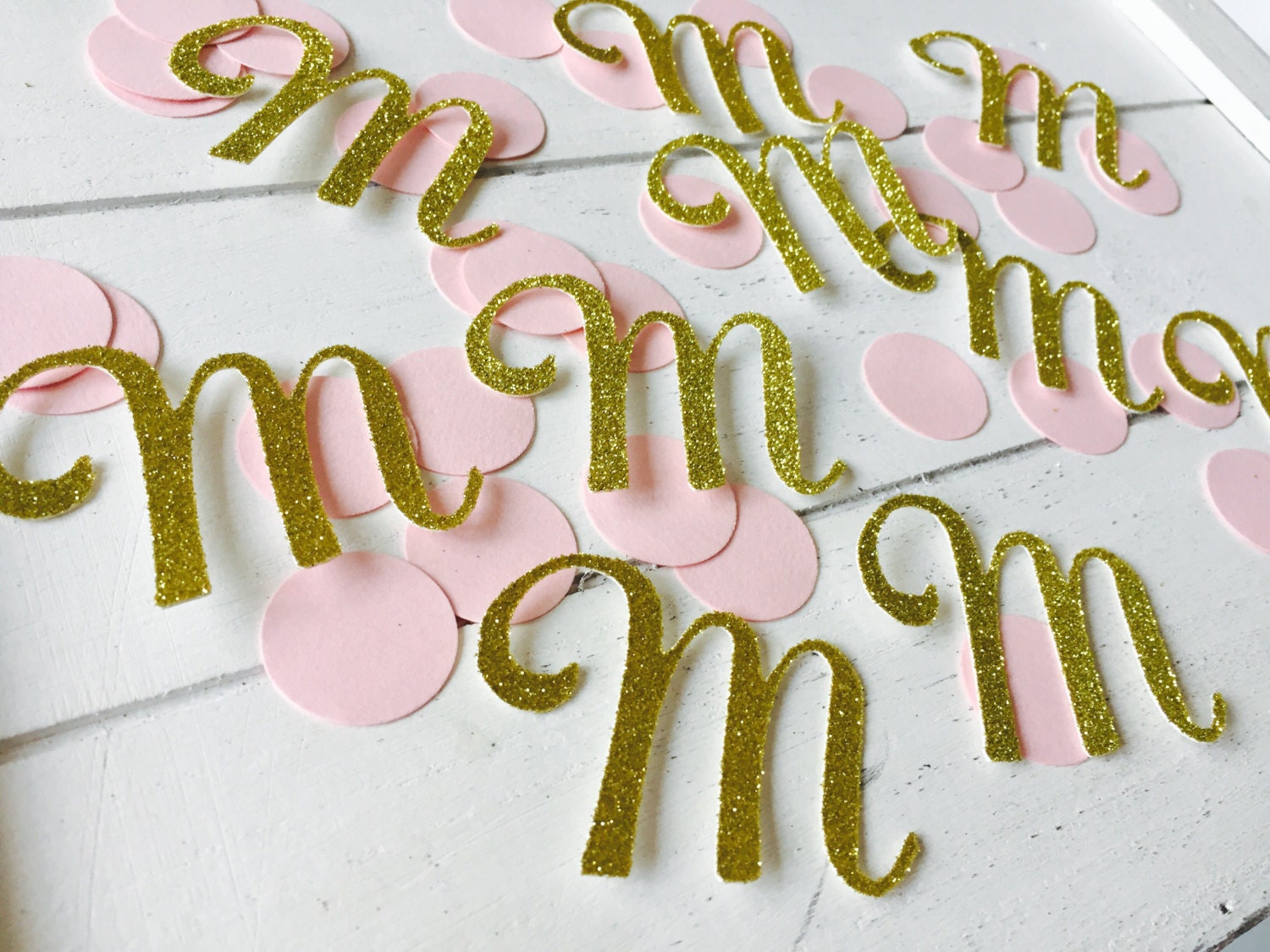 Initial confetti. Letter Confetti. Pink and gold. Silver