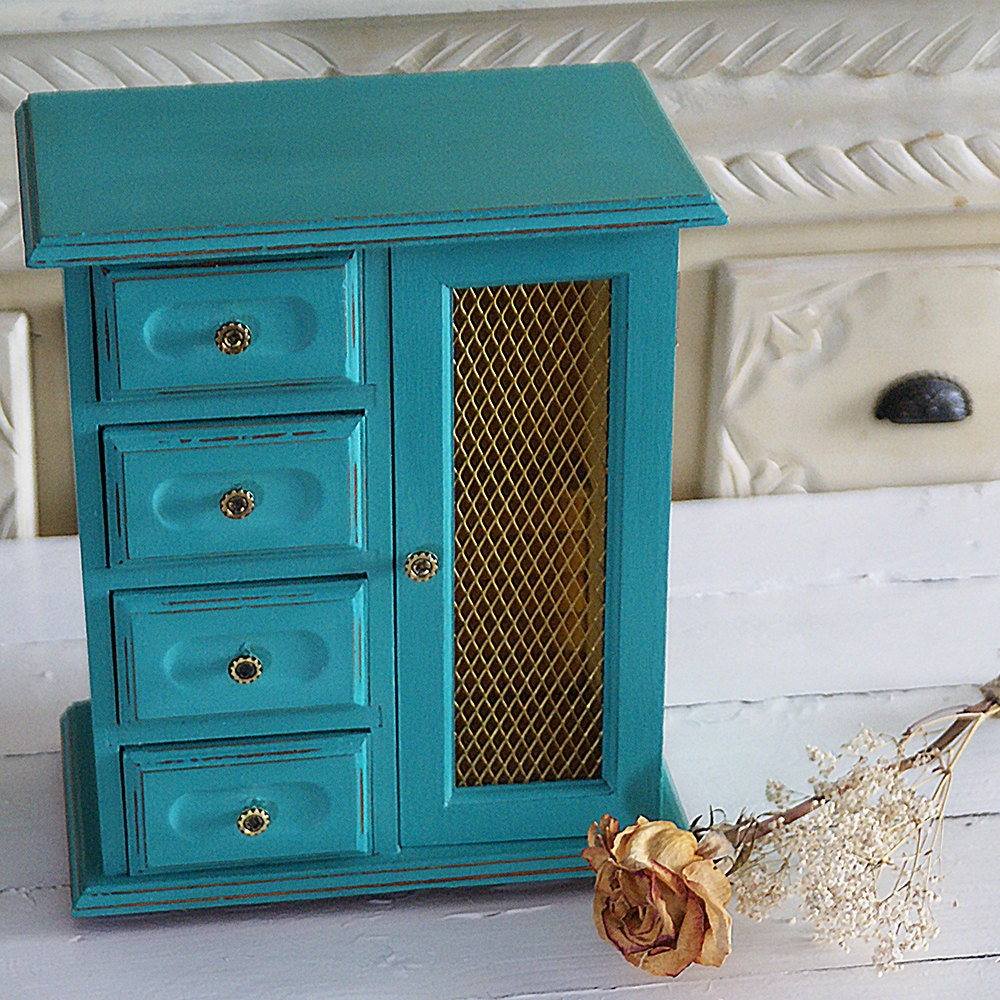 Turquoise jewelry box vintage distressed Shabby Chic wood