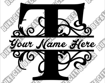Letter T Floral Initial Monogram Family Name Vinyl Decal Sticker - Personalized Floral Name Decal