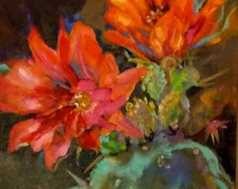 The title"Fireworks", oil painting, 10x10, Cactus blossoms