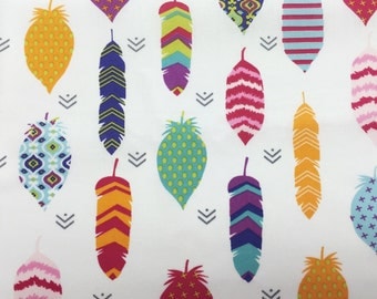 Neon Feather Fabric, Cotton Fabric Tribal, Quilting Fabric Feathers