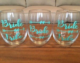 Bride Tribe Wine Glasses, Bridal Party Wine Glasses, Bridesmaid Gifts, Bridal Party Gifts, Stemless Wine Glasses