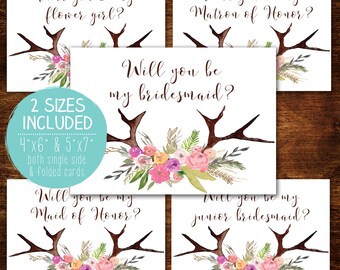 BUNDLE, Will You Be My Bridesmaid, Bridesmaid Proposal, Watercolor Wedding, Rustic Wedding, Watercolor Antlers, Bridesmaid Invitation