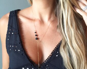 The "Jems"•Triple Lava & Citrine V-Drop Necklace•Essential oil Diffuser necklace