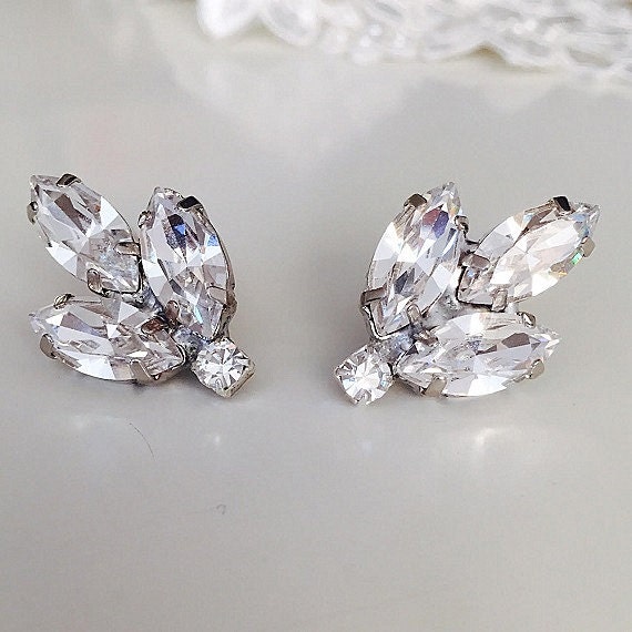 Bridal Vintage Style crystal Earrings Clear swarovski Clip On