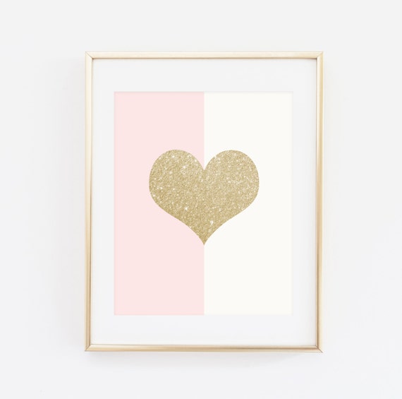 Gold Glitter Heart Print Blush Pink Gold Wall Art Baby Girl