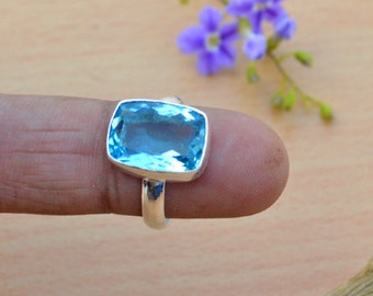 Cushion Cut Blue Topaz Gemstone ring, Gemstone Solid 925 Sterling Silver Ring , Birthstone ring,