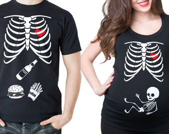 Couple Maternity T-Shirts Halloween Costume Skeleton Baby Dad Maternity Pregnancy T-Shirts