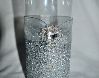 3 Candleholder/ Vase with Glitter, Ribbon, and a Brooch