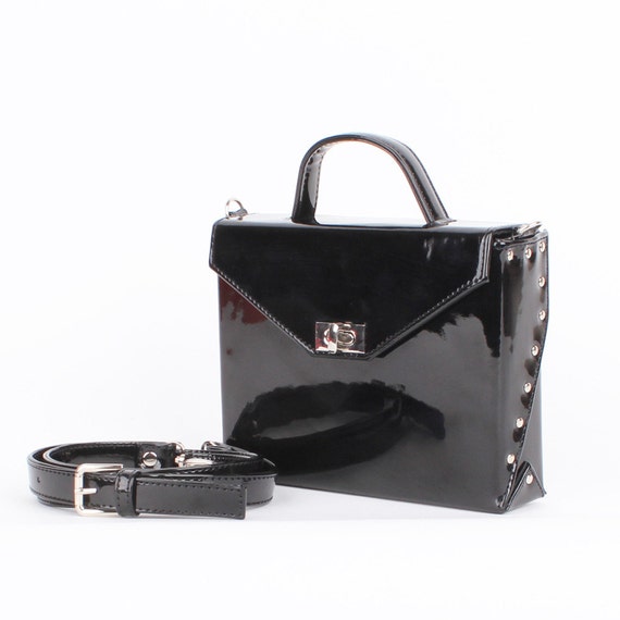 Black lacquer vegan leather crossbody bag women by AvroraShop