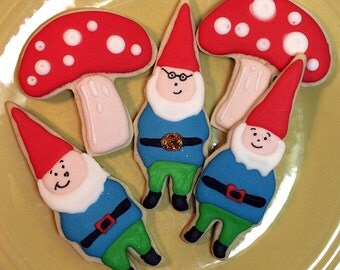 Garden Gnome, Mushroom decorated cookies. One dozen sugar cookies with royal icing. 6 gnomes, 6 mushrooms. Made fresh to order.