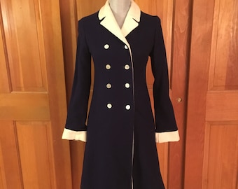 Vintage Navy Double Breasted Wool Coat, Navy with Ivory Trim Wool Coat, 50's Navy Coat