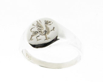 Sterling Silver Welsh Dragon Oval Signet Ring - UK Sizes - K - Q - US 5 - 8
