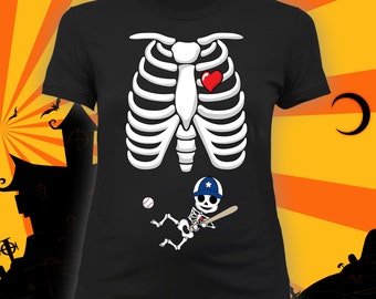 Skeleton Pregnancy Shirt (baseball player)- Pregnancy Announcement, Skeleton Baby, Halloween Maternity Shirt, Maternity costume - CCB-279