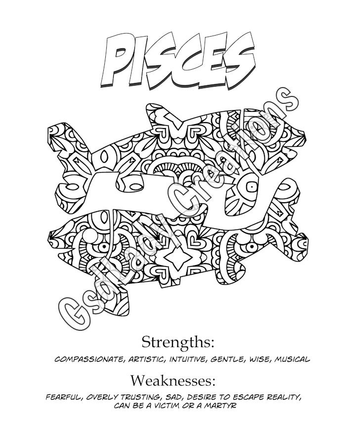 Download Zodiac Star Sign Art Print Pisces Astrology Print Coloring