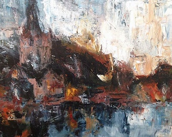 Table, city, abstract cityscape