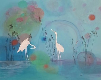 Modern Acrylic Painting of Cranes - 24X30X1.5