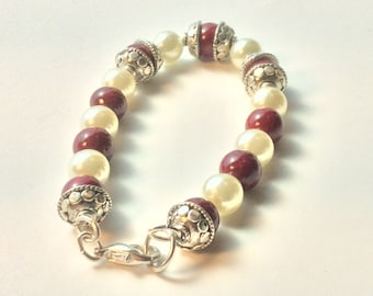 Classic red and pearl bracelet with silver beadcaps, alligator clasp