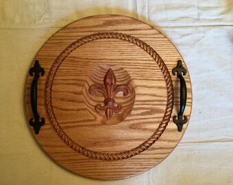 16" oak 3d fleur de lis and rope border carved serving platter.