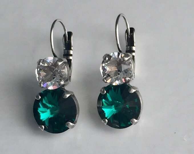 Green with envy! Emerald Glamorous Swarovski® crystal lever back closure drop earrings. Perfect Bridesmaid gift!
