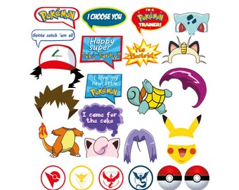 Pokemon Photo Booth set 25 pieces - Printable, Instant Download, High Resolution, signs, Pikachu Photobooth Props, Ash, Pokemon Go, Party