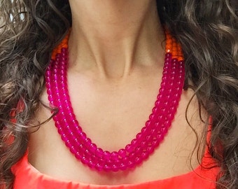 Hot Pink Statement Necklace, Pink Triple Strand Necklace, Pink Multi Strand Statement Necklace, Neon Pink Statement Necklace, Pink Orange