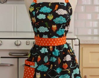Apron Retro Style Owls on Black CHLOE Full Apron