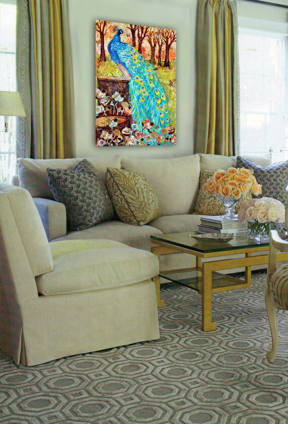 LARGE wall art peacock decor peacock painting peacock