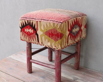 Kilim Ottoman, Kilim Pouf Bohemian Wooden Furniture Vintage Kilim Hand woven, Global Textile, Rustic details