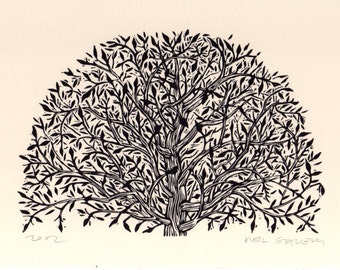 Art, Tree Art, Arched Tree Linocut Art Print, Hand Printed Art, Nature Art, Intricate Tree Print