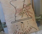 Primitive Hand Stitched Stanley the Snowman Pillow, Winter, Snowflakes, Top Hat, DTHFAAP