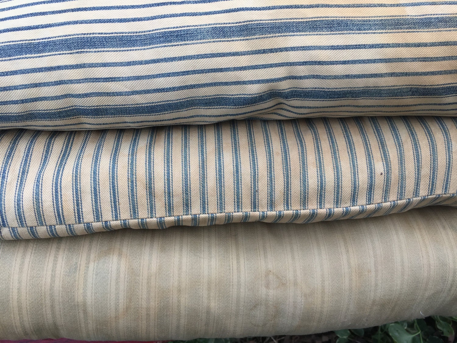 Trio of Vintage Primitive Stripe Ticking Feather Pillows