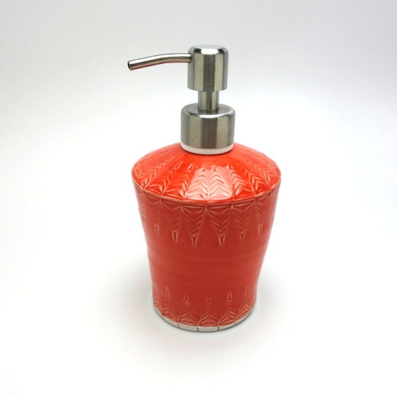Red glazed porcelain soap dispenser with stamped by emilymurphy