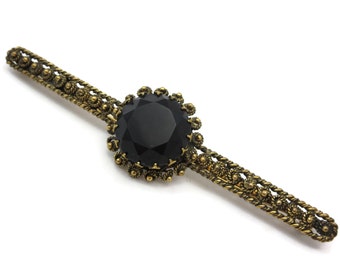 Black Bar Brooch - Cannetille Brass Filigree, Spain, Victorian Revival Costume Jewelry