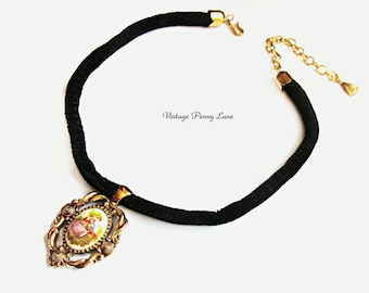 Vintage Cameo Choker Necklace, Black Velvet
