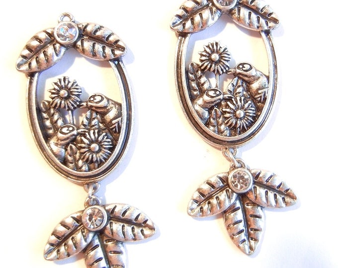 Pair of Antique Silver-tone Drops with Squirrels and Flowers