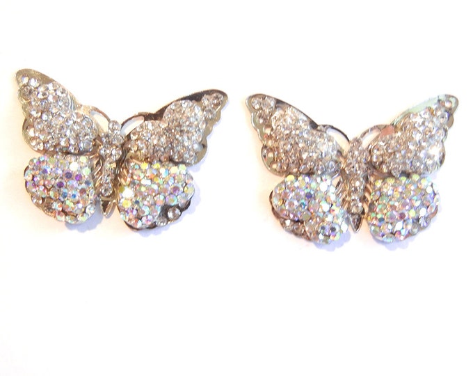 Pair of Silver-tone Clear and Aurora Borealis Rhinestone Encrusted Butterfly Charms