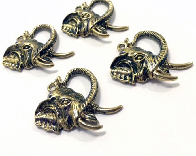 Set of 4 Elephant Head Charms Antique Gold-tone