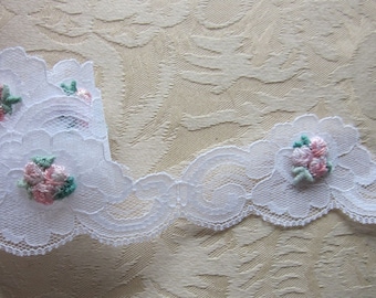 Embellished WHITE Rose Bud Flower Lace Ribbon Trim Christening Doll Bridal