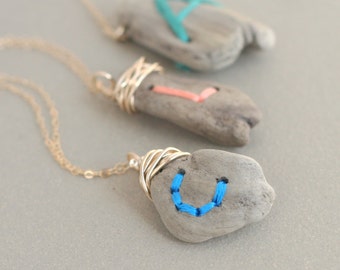 personalized wood jewelry. minimalist. driftwood initial necklace. embroidery fiber. beach wood letter necklace. embroidered textile letter.