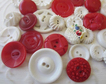 Vintage Buttons - Cottage chic mix of red, and white, lot of 29 old and sweet(sept 15b)