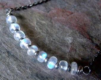 Rainbow Moonstone Sterling Silver Necklace - Rainbow Moonstone Bar Pendant on Sterling Silver Chain