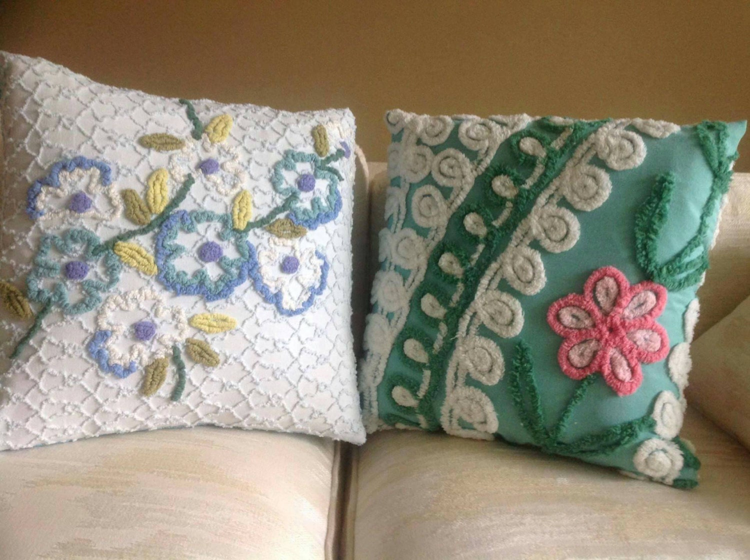 Vintage chenille pillow sham blue flowers teal aqua blue